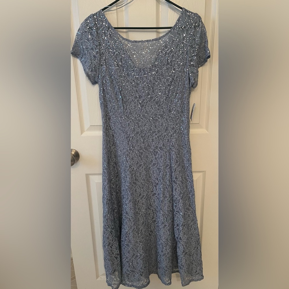 SLNY Sequined Blue A-Line Midi Dress with Cap Sleeves